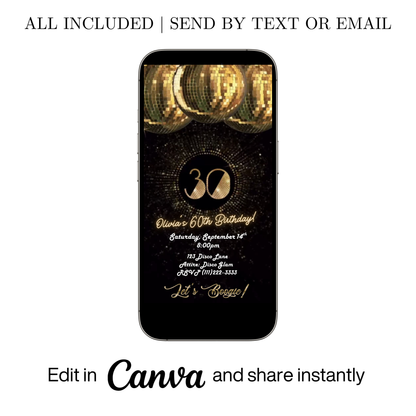 Editable gold disco ball 30th birthday video invitation displayed on a mobile phone, featuring an animated vertical digital invite with music, created in Canva. This premium video invitation template is designed for sharing by text, email, and social media and works with an interactive RSVP website for easy guest response tracking.
