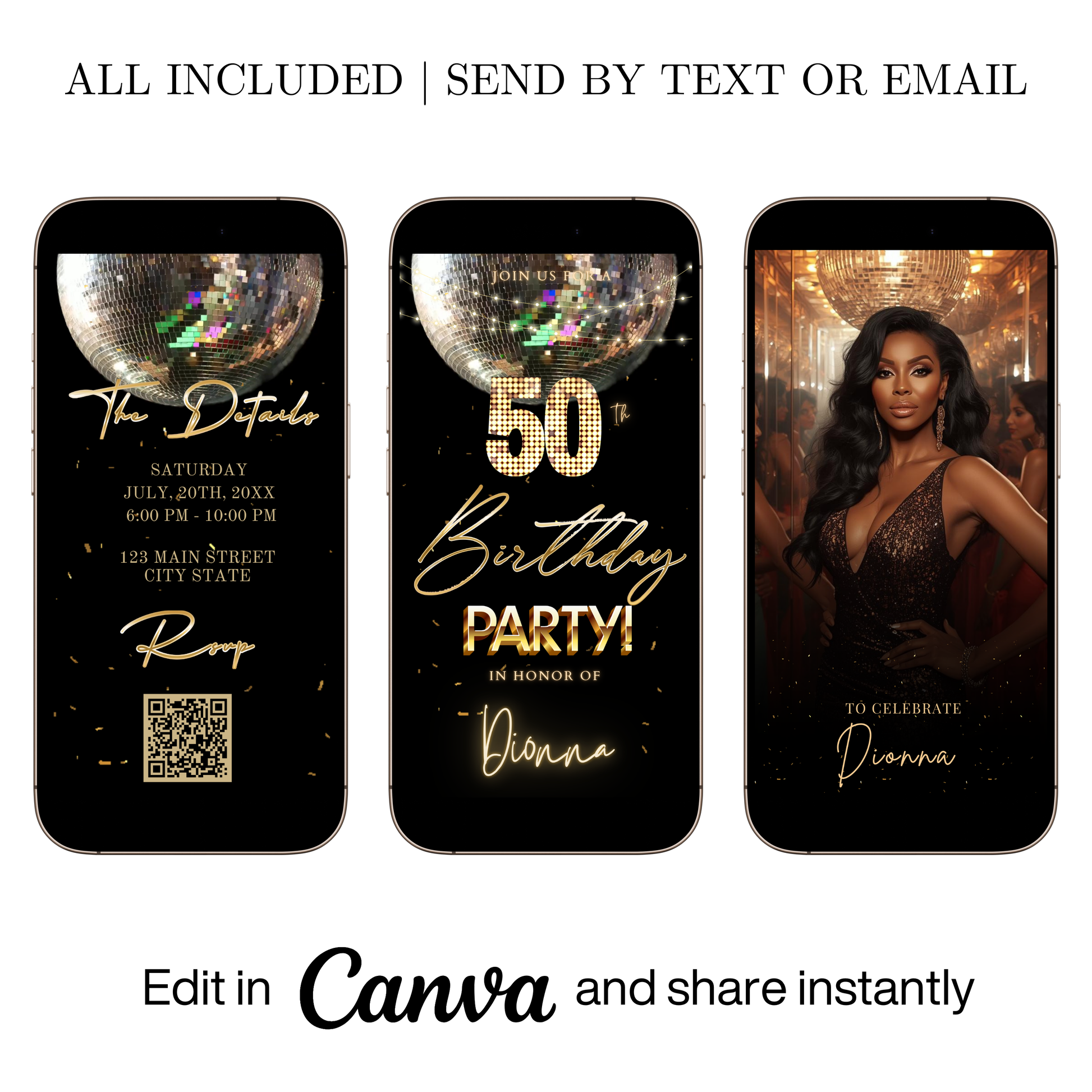 Editable silver disco ball 50th birthday video invitation displayed on a mobile phone, featuring an animated vertical digital invite with music, created in Canva. This premium video invitation template is designed for sharing by text, email, and social media and works with an interactive RSVP website for easy guest response tracking.