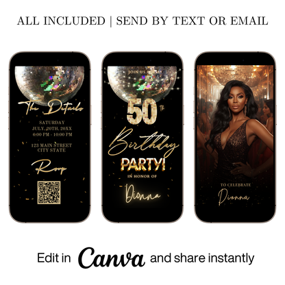 Editable silver disco ball 50th birthday video invitation displayed on a mobile phone, featuring an animated vertical digital invite with music, created in Canva. This premium video invitation template is designed for sharing by text, email, and social media and works with an interactive RSVP website for easy guest response tracking.