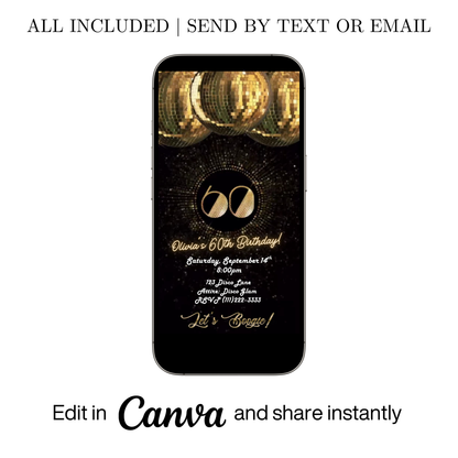 Editable gold disco 60th birthday video invitation displayed on a mobile phone, featuring an animated vertical digital invite with music, created in Canva. This premium video invitation template is designed for sharing by text, email, and social media and works with an interactive RSVP website for easy guest response tracking.
