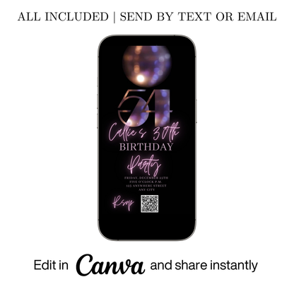 Editable subtle disco 54th birthday video invitation displayed on a mobile phone, featuring an animated vertical digital invite with music, created in Canva. This premium video invitation template is designed for sharing by text, email, and social media and works with an interactive RSVP website for easy guest response tracking.