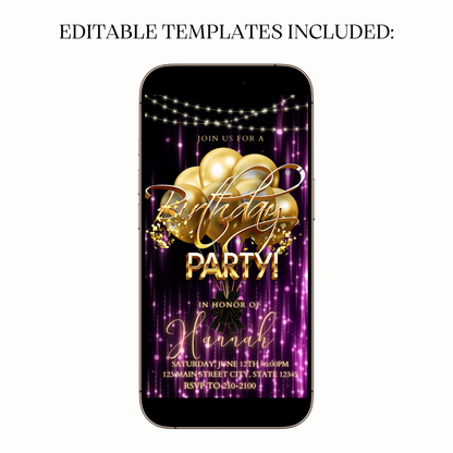 Glam Purple and Gold Video Invitation for Mobile Sharing