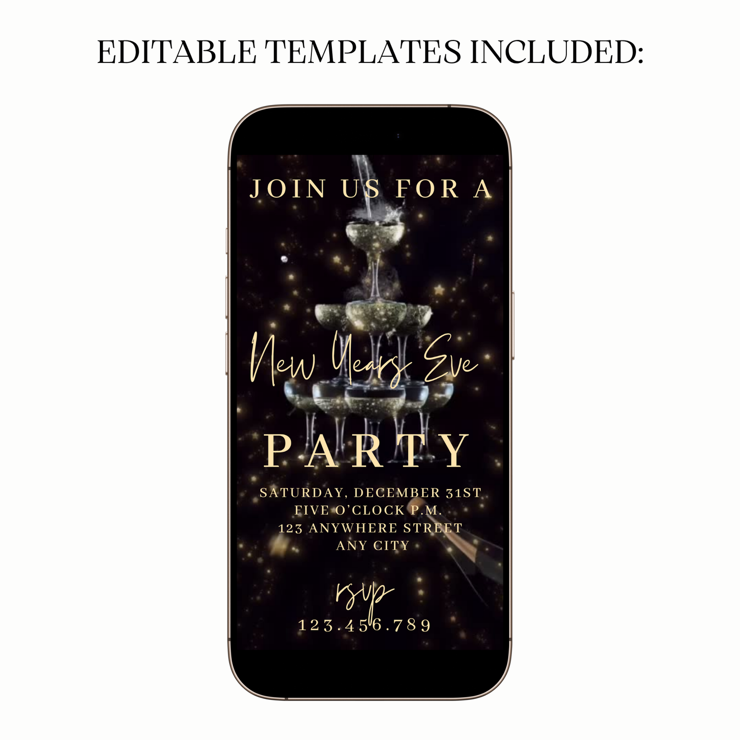 Animated champagne glasses video invitation for NYE party