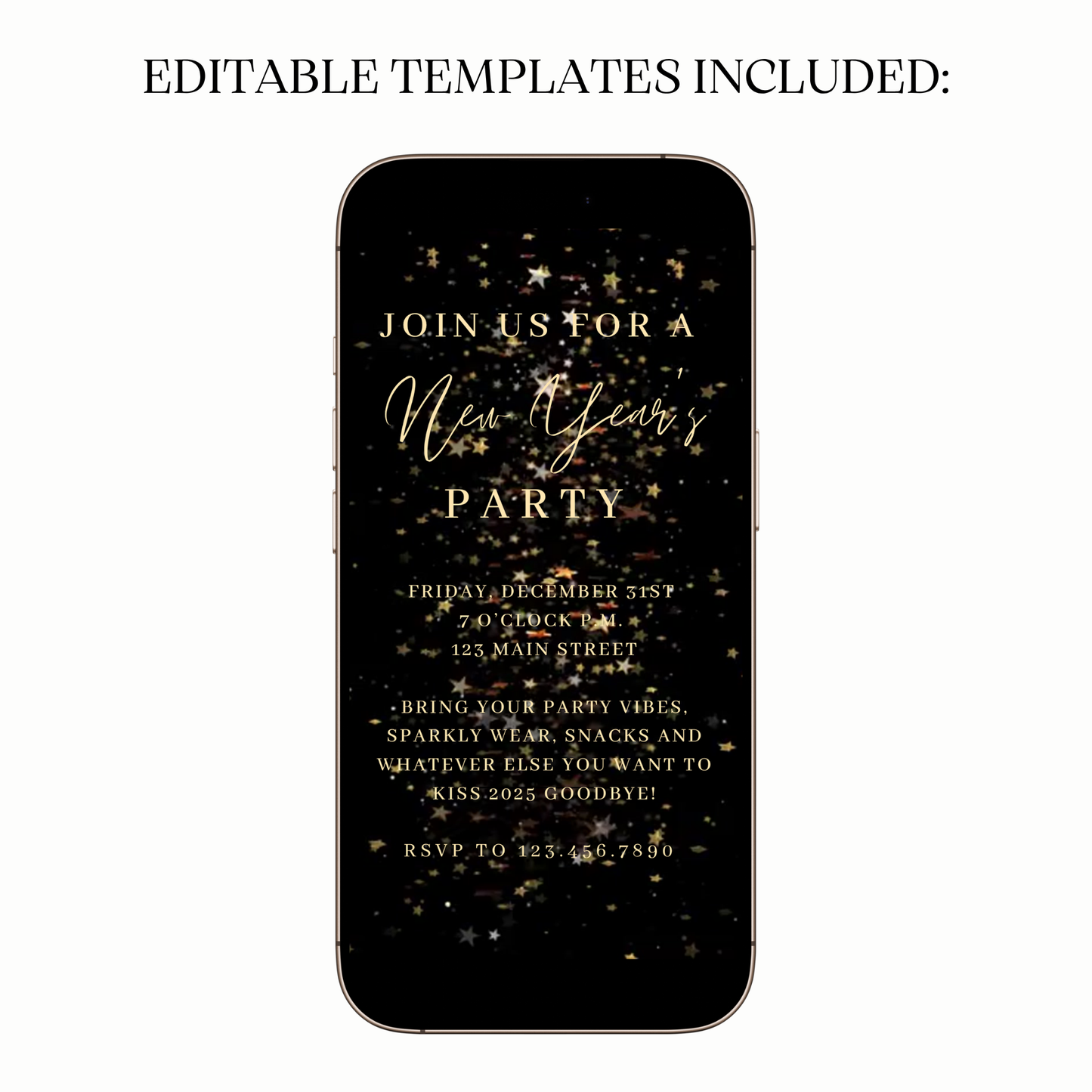 Animated black gold star celebration video party invitation