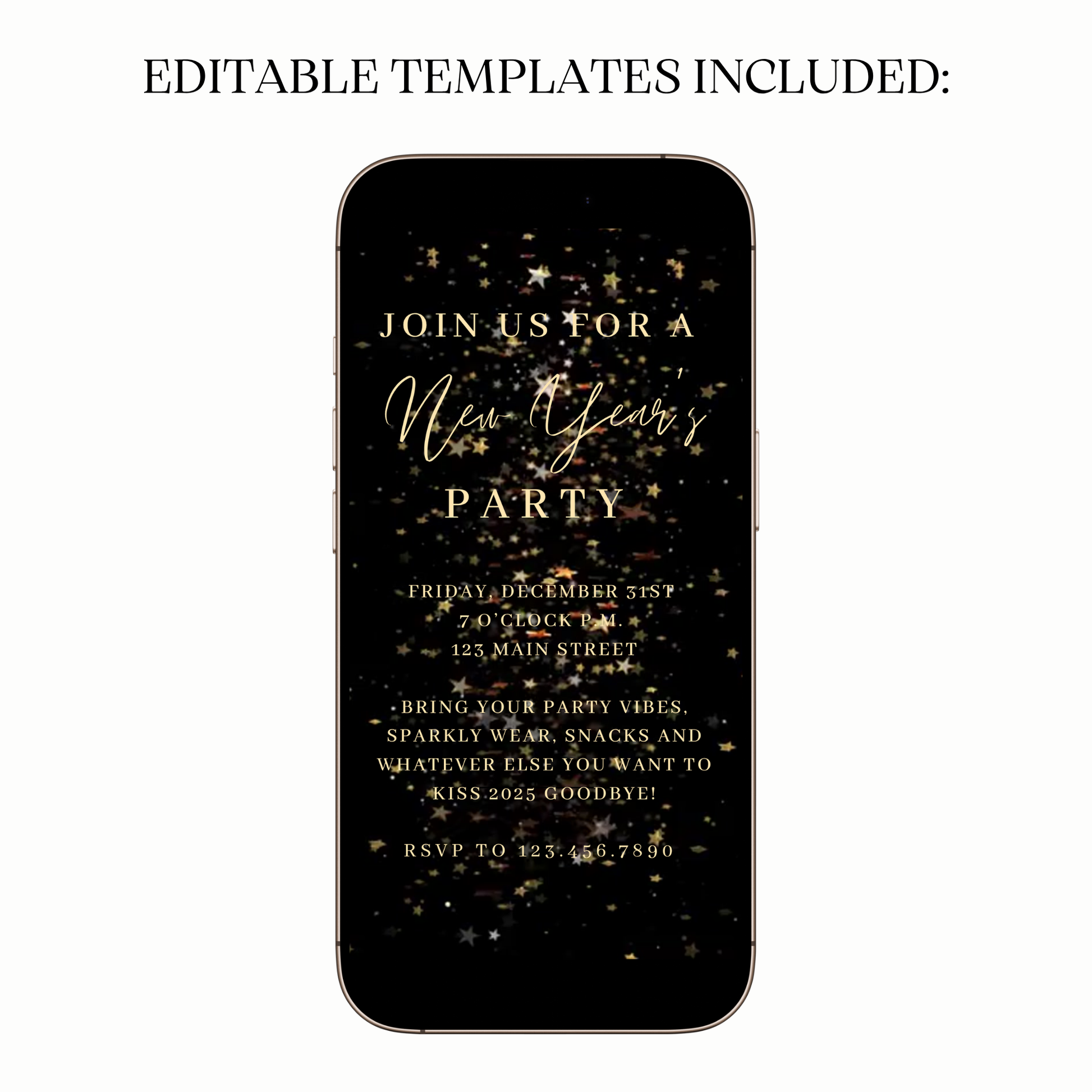 Animated black gold star celebration video party invitation