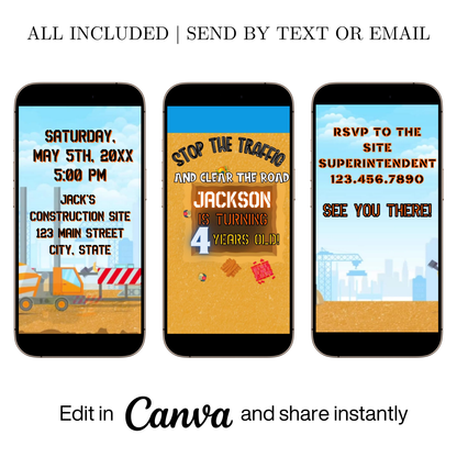 Editable construction theme 4th birthday video invitation displayed on a mobile phone, featuring an animated vertical digital invite with music, created in Canva. This premium video invitation template is designed for sharing by text, email, and social media and works with an interactive RSVP website for easy guest response tracking.