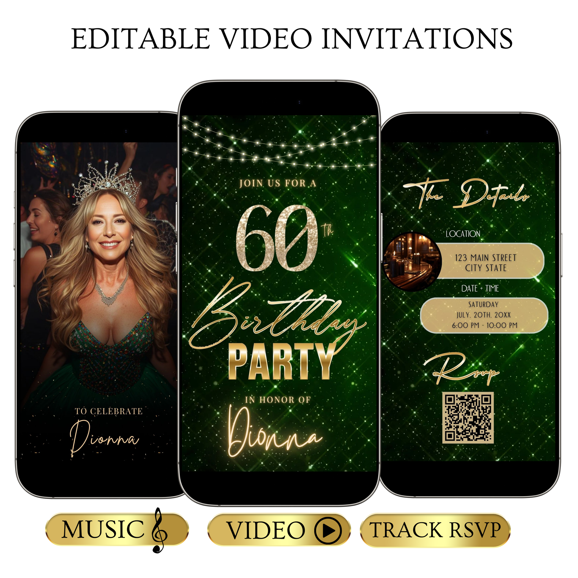 Editable emerald green gold 60th birthday birthday video invitation displayed on a mobile phone, featuring an animated vertical digital invite with music, created in Canva. This premium video invitation template is designed for sharing by text, email, and social media and works with an interactive RSVP website for easy guest response tracking.