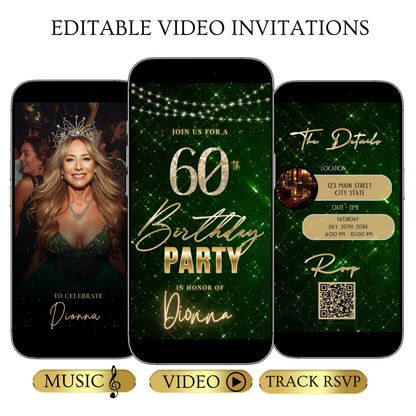 Editable emerald green gold 60th birthday birthday video invitation displayed on a mobile phone, featuring an animated vertical digital invite with music, created in Canva. This premium video invitation template is designed for sharing by text, email, and social media and works with an interactive RSVP website for easy guest response tracking.