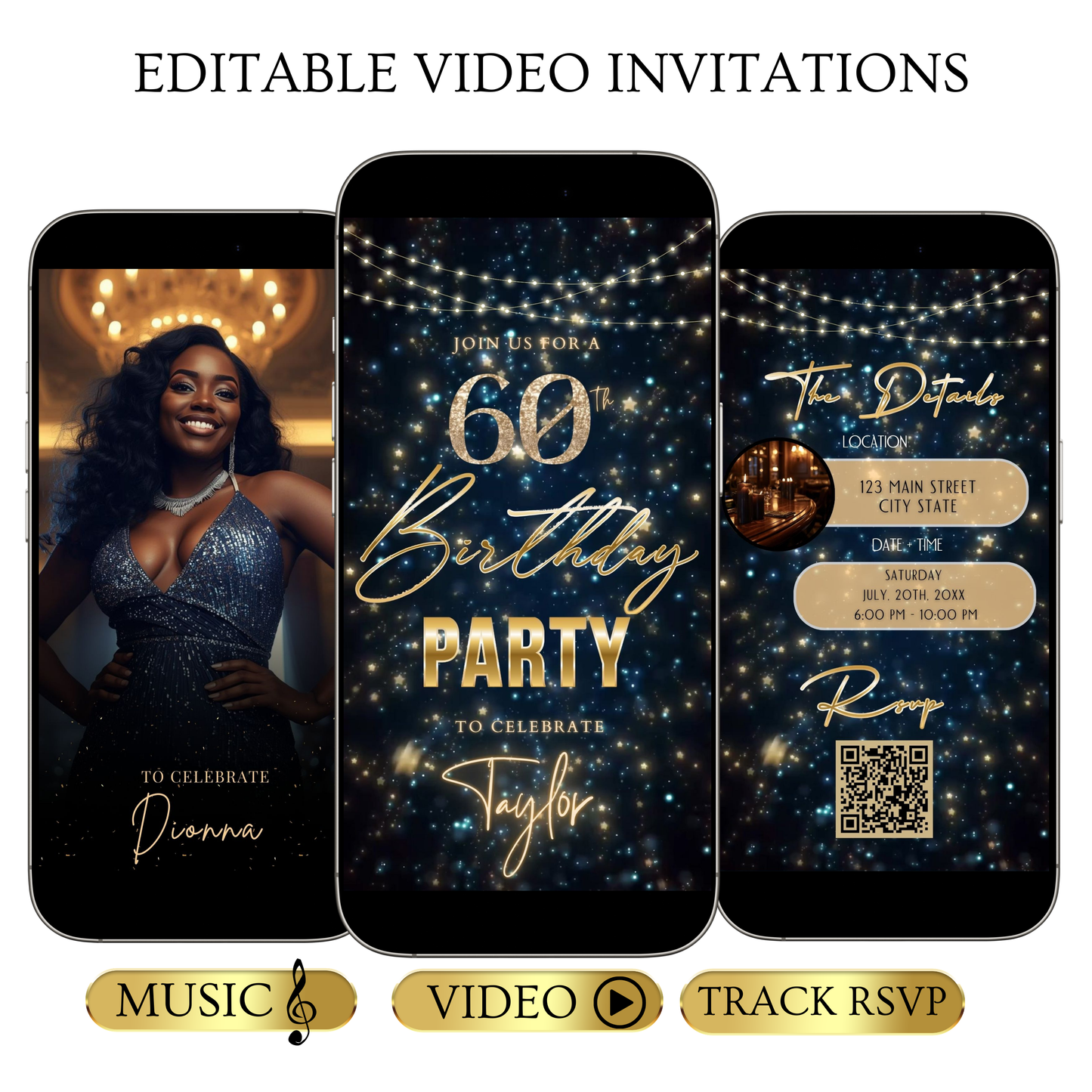 Editable teal gold star confetti 60th birthday birthday video invitation displayed on a mobile phone, featuring an animated vertical digital invite with music, created in Canva. This premium video invitation template is designed for sharing by text, email, and social media and works with an interactive RSVP website for easy guest response tracking.