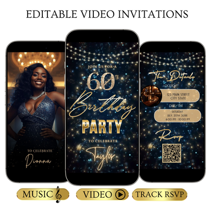 Editable teal gold star confetti 60th birthday birthday video invitation displayed on a mobile phone, featuring an animated vertical digital invite with music, created in Canva. This premium video invitation template is designed for sharing by text, email, and social media and works with an interactive RSVP website for easy guest response tracking.