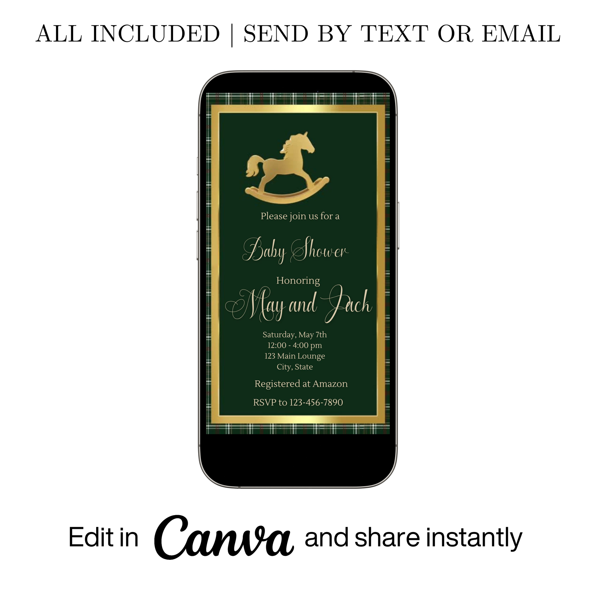 Editable green ralph lauren polo baby shower video invitation displayed on a mobile phone, featuring an animated vertical digital invite with music, created in Canva. This premium video invitation template is designed for sharing by text, email, and social media and works with an interactive RSVP website for easy guest response tracking.
