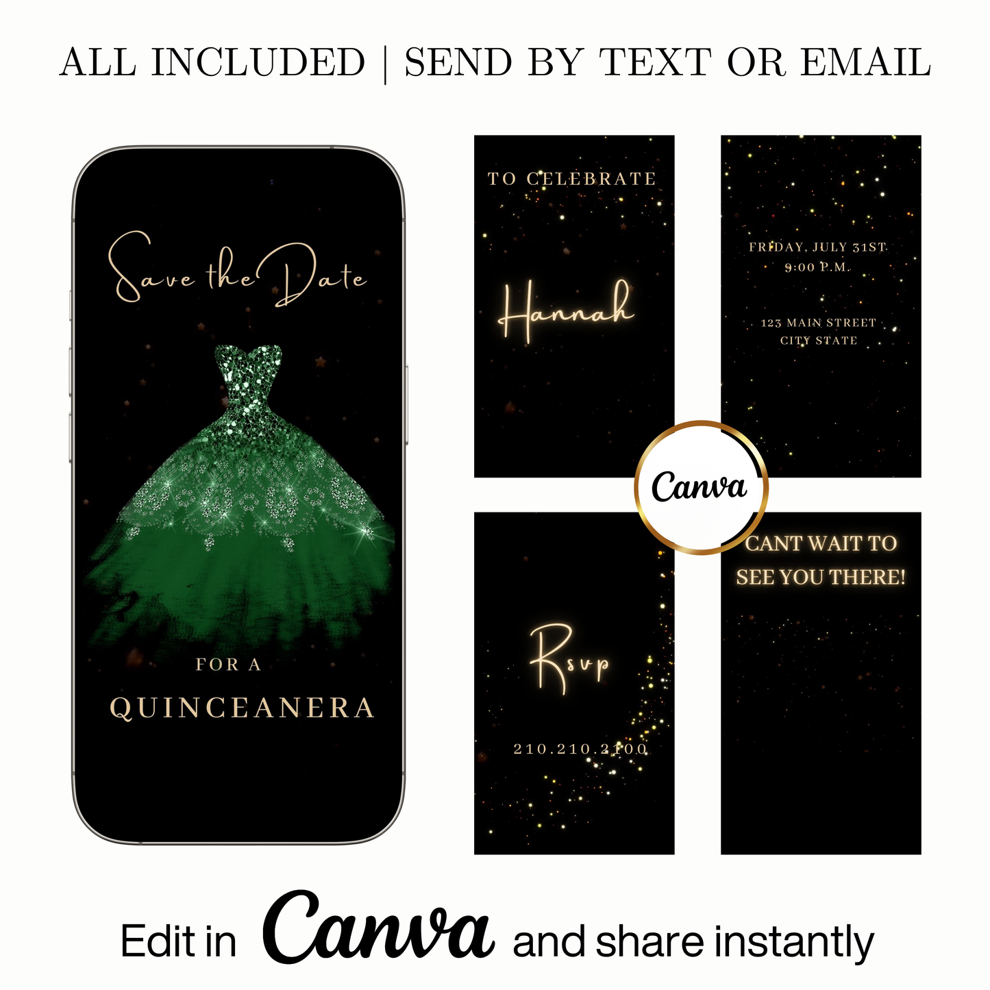 Editable emerald green quinceañera video invitation displayed on a mobile phone, featuring an animated vertical digital invite with music, created in Canva. This premium video invitation template is designed for sharing by text, email, and social media and works with an interactive RSVP website for easy guest response tracking.