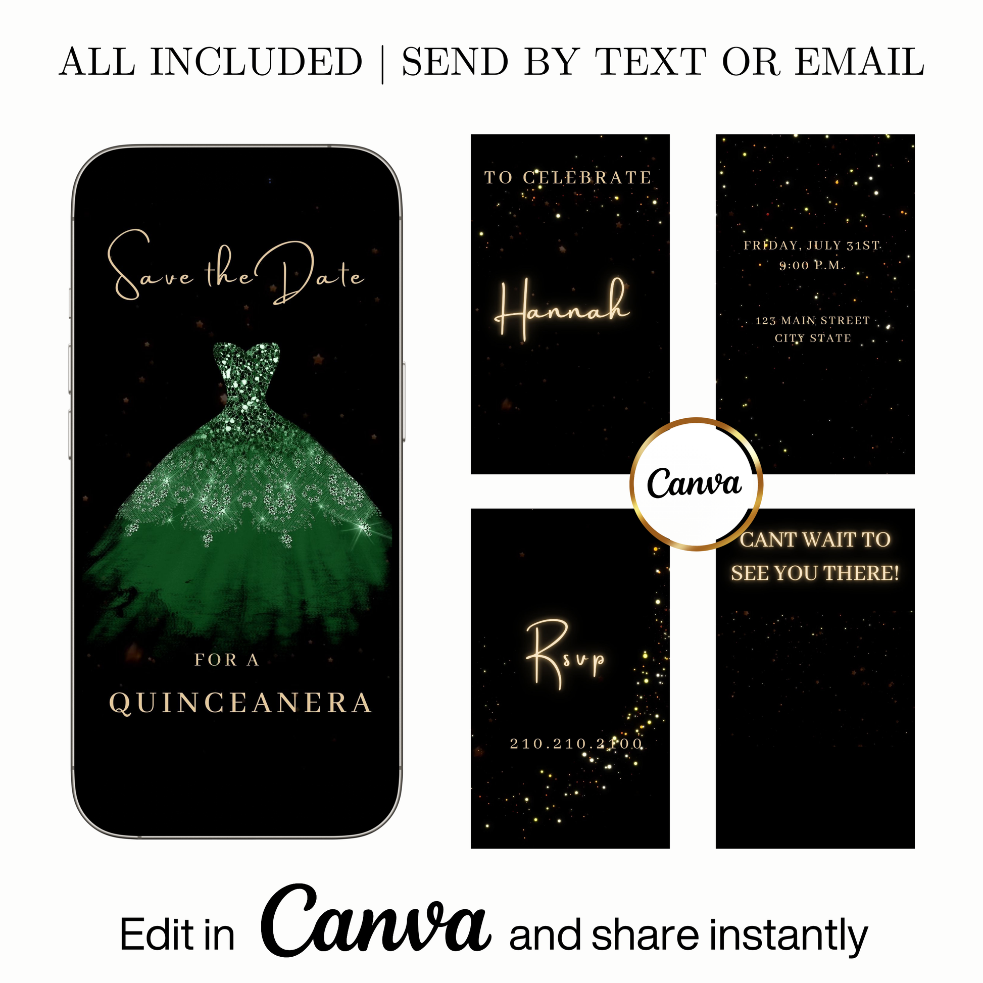 Editable emerald green quinceañera video invitation displayed on a mobile phone, featuring an animated vertical digital invite with music, created in Canva. This premium video invitation template is designed for sharing by text, email, and social media and works with an interactive RSVP website for easy guest response tracking.