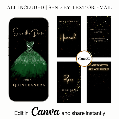 Editable emerald green quinceañera video invitation displayed on a mobile phone, featuring an animated vertical digital invite with music, created in Canva. This premium video invitation template is designed for sharing by text, email, and social media and works with an interactive RSVP website for easy guest response tracking.