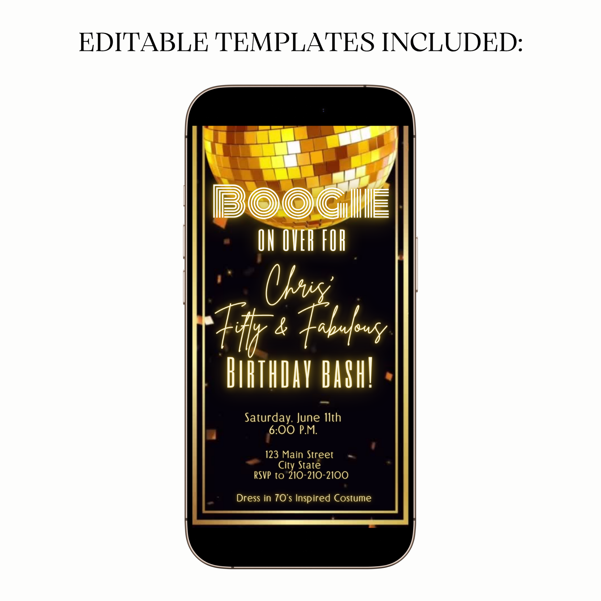 Flat lay with sequins, champagne, and phone showing invite