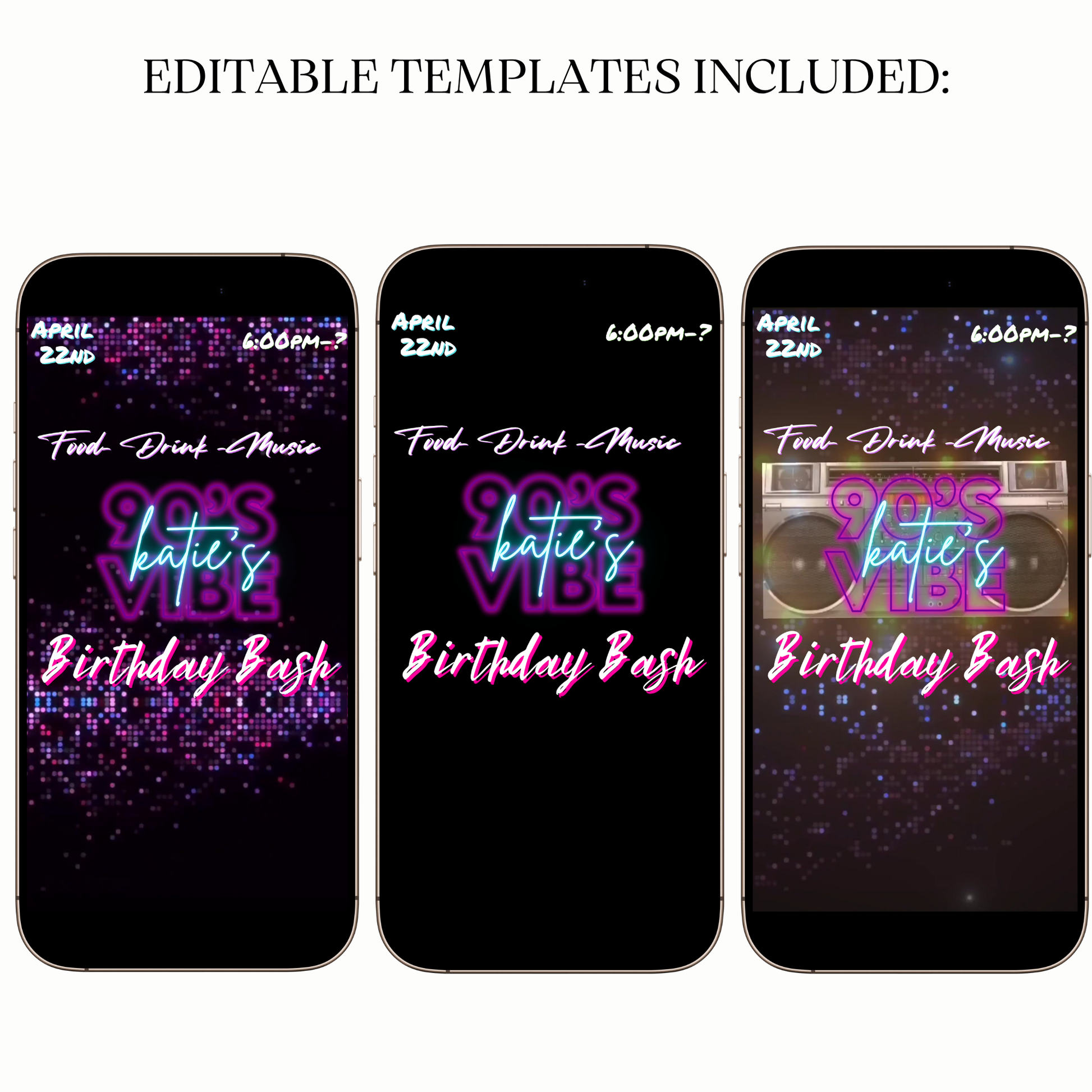 Digital 90s party video invitation with retro design