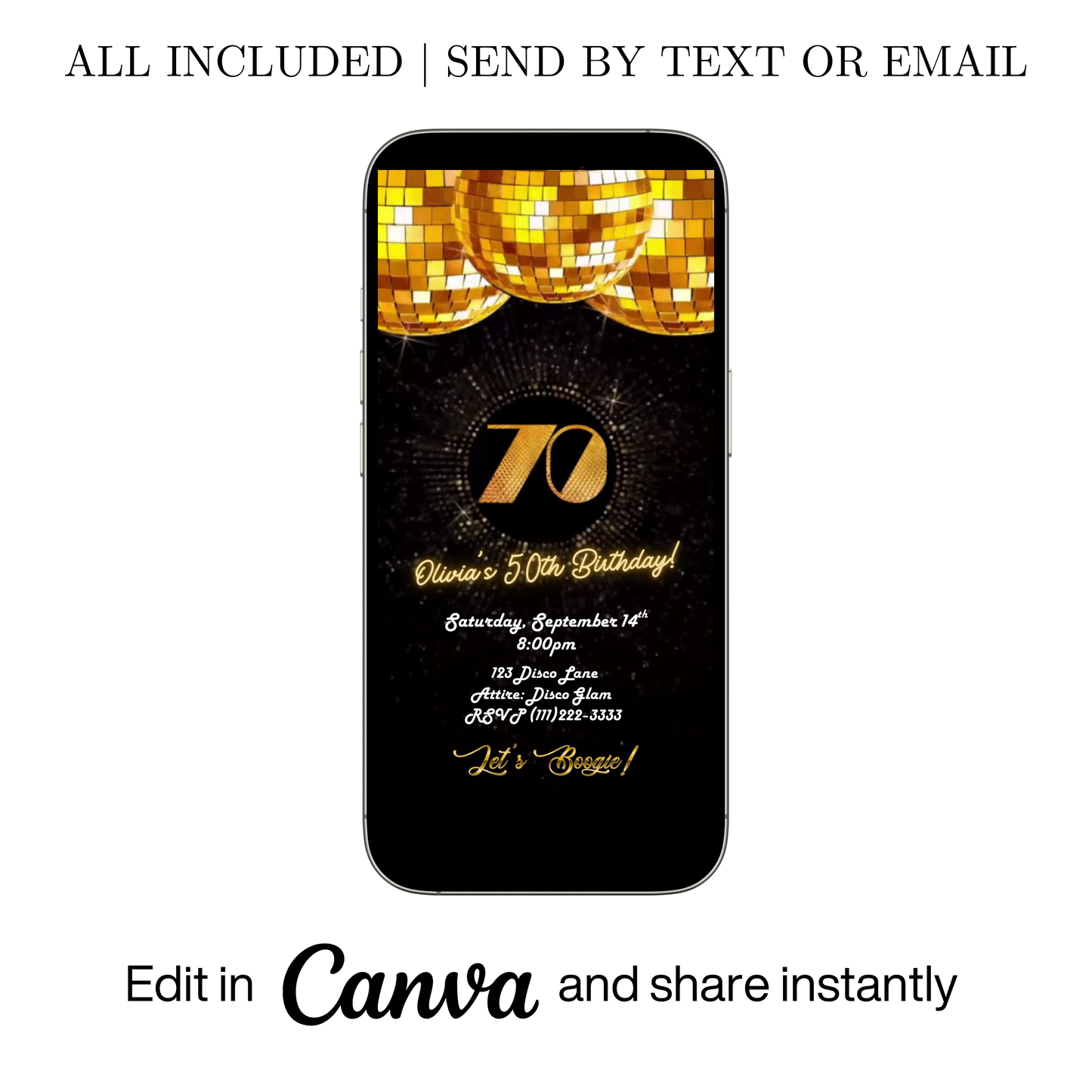 Editable gold disco 70th birthday video invitation displayed on a mobile phone, featuring an animated vertical digital invite with music, created in Canva. This premium video invitation template is designed for sharing by text, email, and social media and works with an interactive RSVP website for easy guest response tracking.