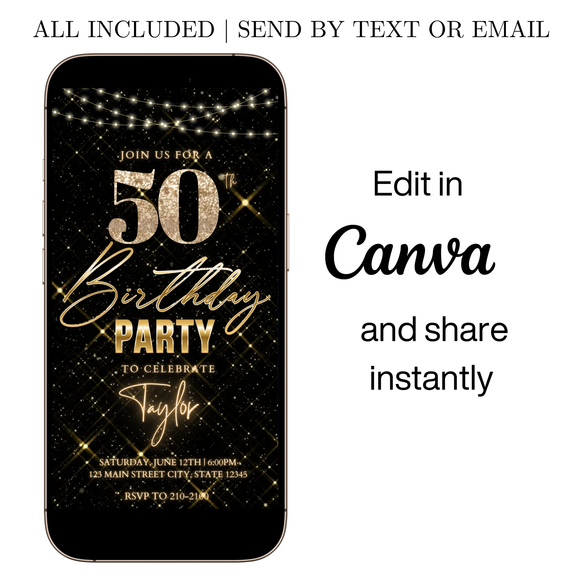 Editable black gold sparkle 50th birthday video invitation displayed on a mobile phone, featuring an animated vertical digital invite with music, created in Canva. This premium video invitation template is designed for sharing by text, email, and social media and works with an interactive RSVP website for easy guest response tracking.