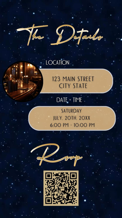 Editable blue shimmer 50th birthday video invitation displayed on a mobile phone, featuring an animated vertical digital invite with music, created in Canva. This premium video invitation template is designed for sharing by text, email, and social media and works with an interactive RSVP website for easy guest response tracking.