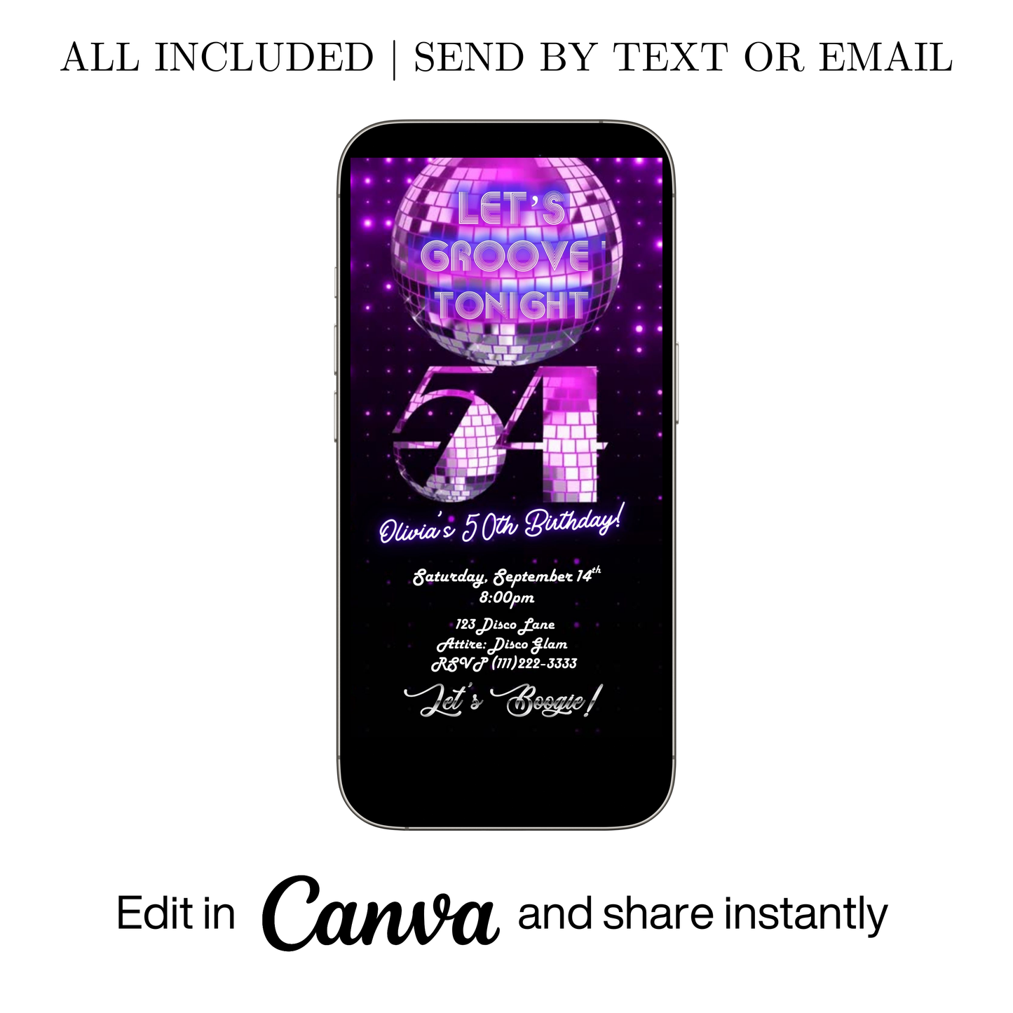 Editable purple disco 54th birthday video invitation displayed on a mobile phone, featuring an animated vertical digital invite with music, created in Canva. This premium video invitation template is designed for sharing by text, email, and social media and works with an interactive RSVP website for easy guest response tracking.