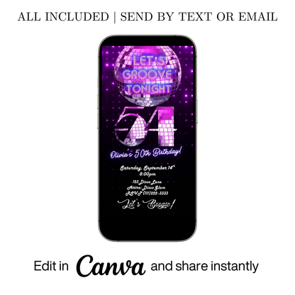 Editable purple disco 54th birthday video invitation displayed on a mobile phone, featuring an animated vertical digital invite with music, created in Canva. This premium video invitation template is designed for sharing by text, email, and social media and works with an interactive RSVP website for easy guest response tracking.