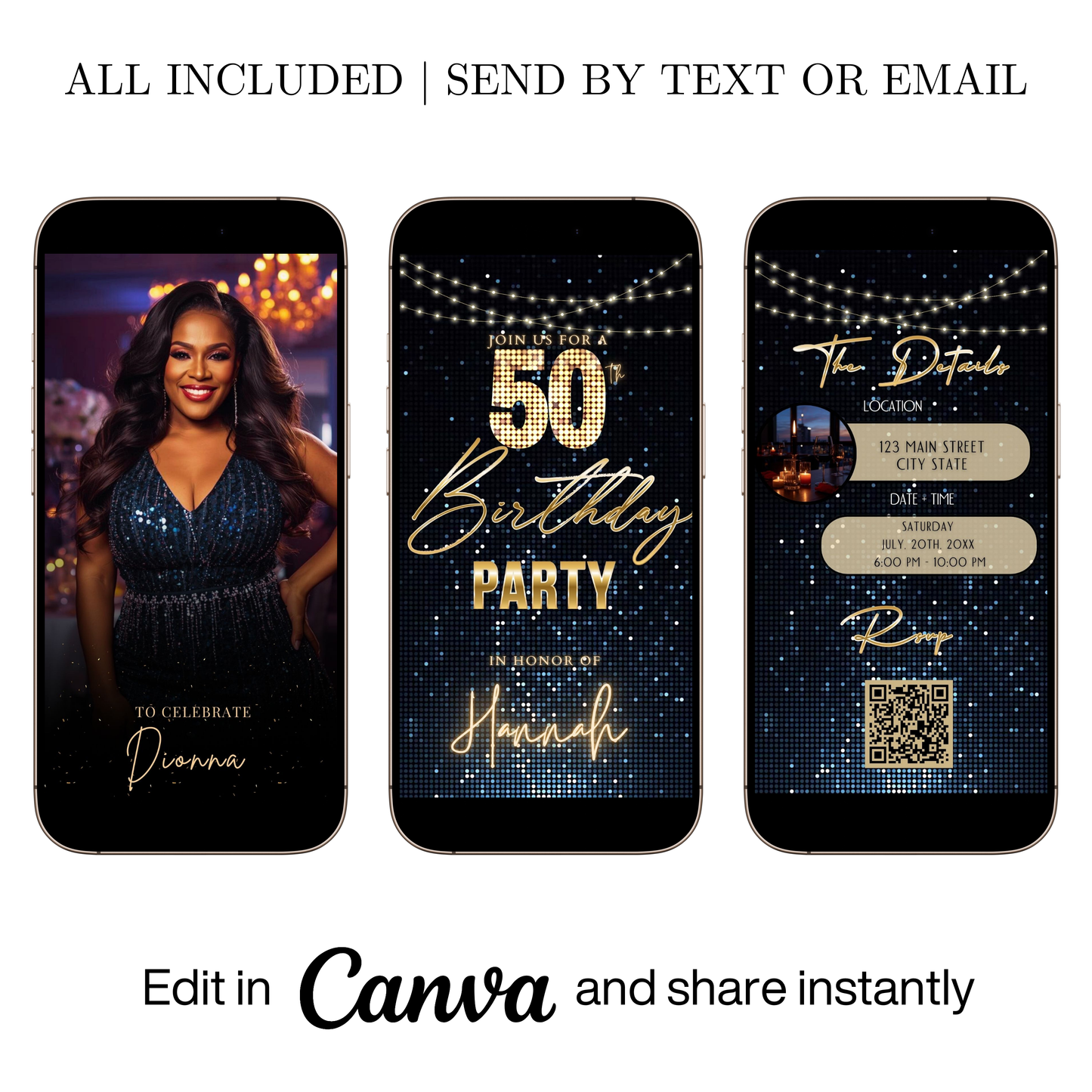 Editable gold stars 50th birthday party video invitation displayed on a mobile phone, featuring an animated vertical digital invite with music, created in Canva. This premium video invitation template is designed for sharing by text, email, and social media and works with an interactive RSVP website for easy guest response tracking.