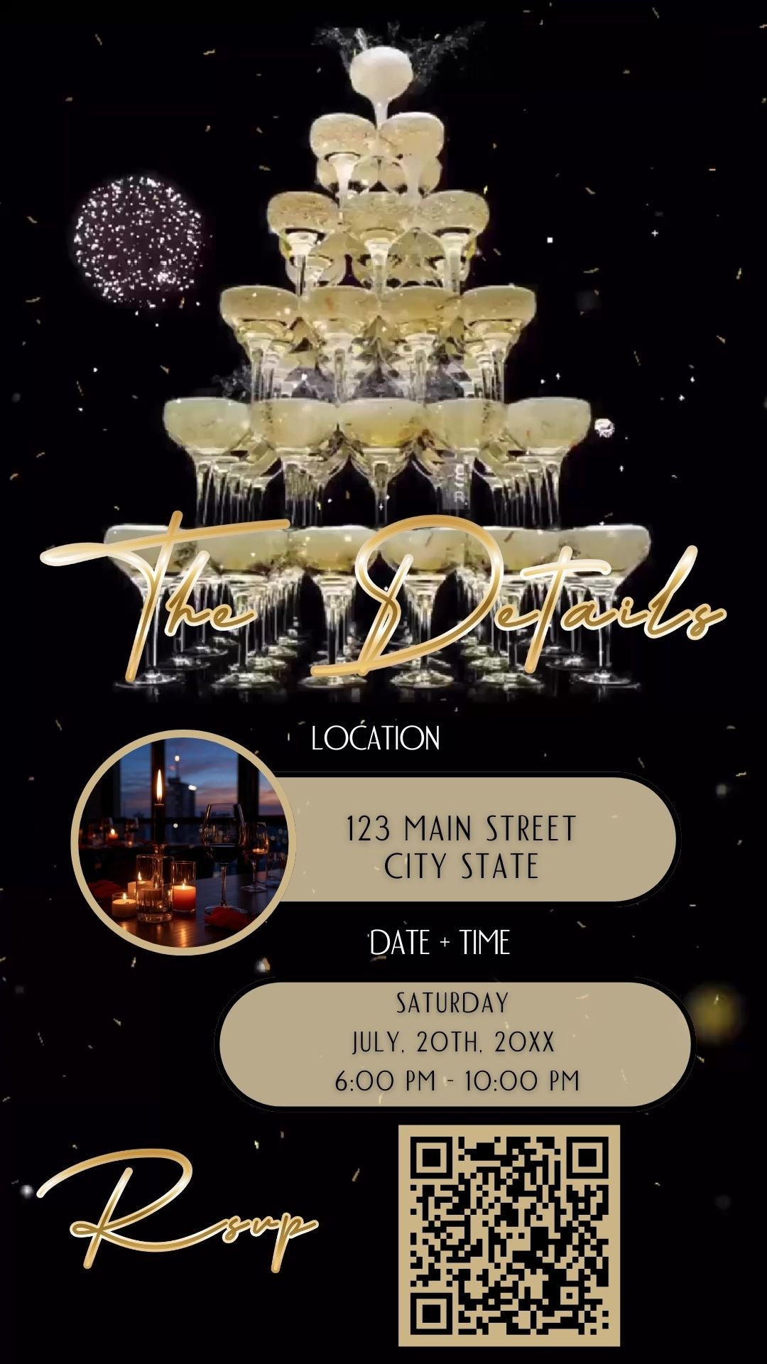 Editable champagne tower gold 50th birthday video invitation displayed on a mobile phone, featuring an animated vertical digital invite with music, created in Canva. This premium video invitation template is designed for sharing by text, email, and social media and works with an interactive RSVP website for easy guest response tracking.