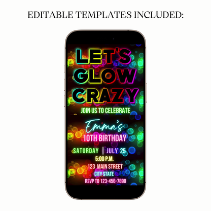 Flat lay with glow sticks, neon glasses, and phone showing invite