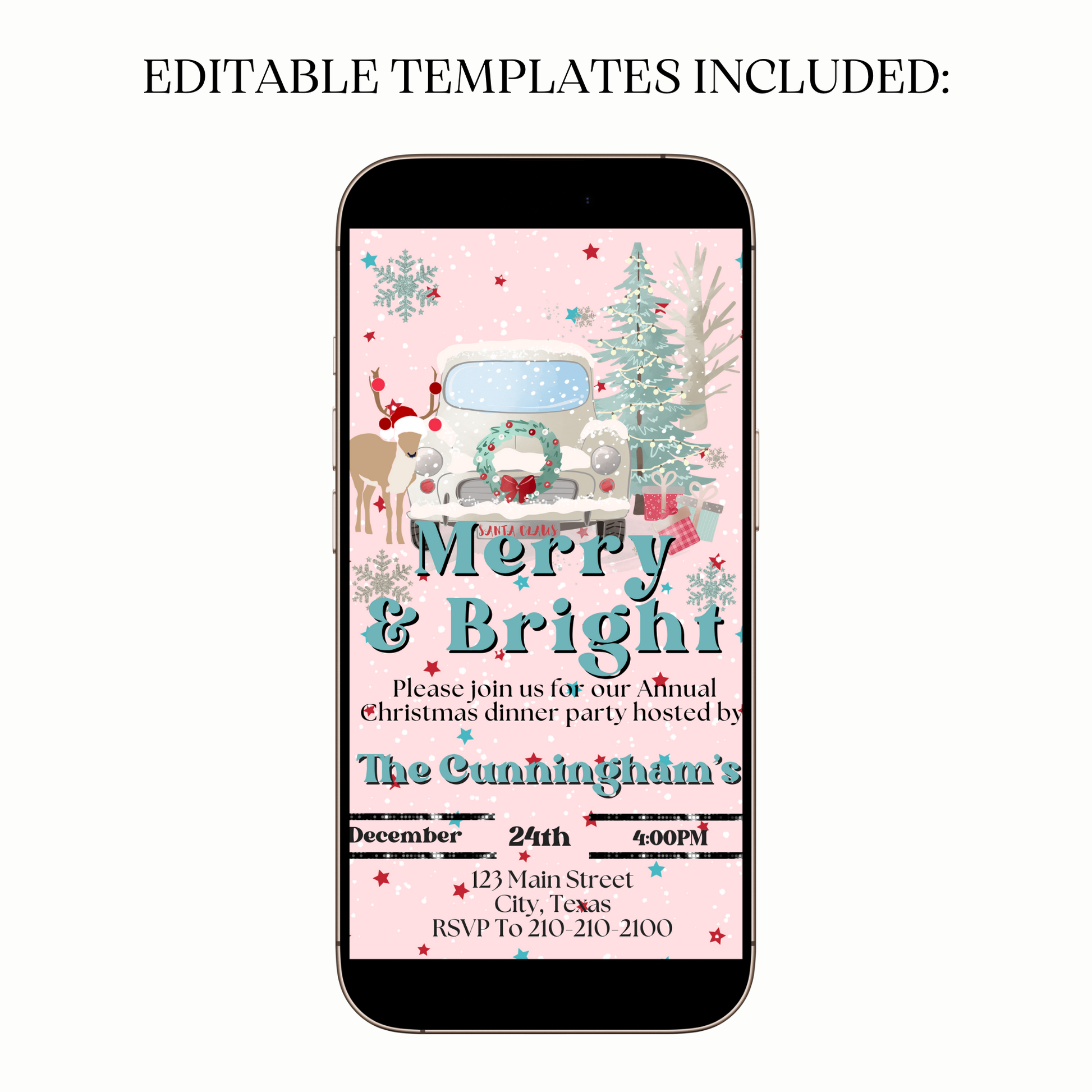 Pink Merry & Bright holiday invite shared via WhatsApp