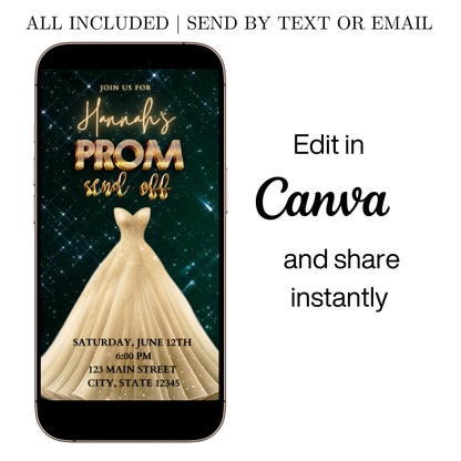 Editable emerald green gold prom send off video invitation displayed on a mobile phone, featuring an animated vertical digital invite with music, created in Canva. This premium video invitation template is designed for sharing by text, email, and social media and works with an interactive RSVP website for easy guest response tracking.