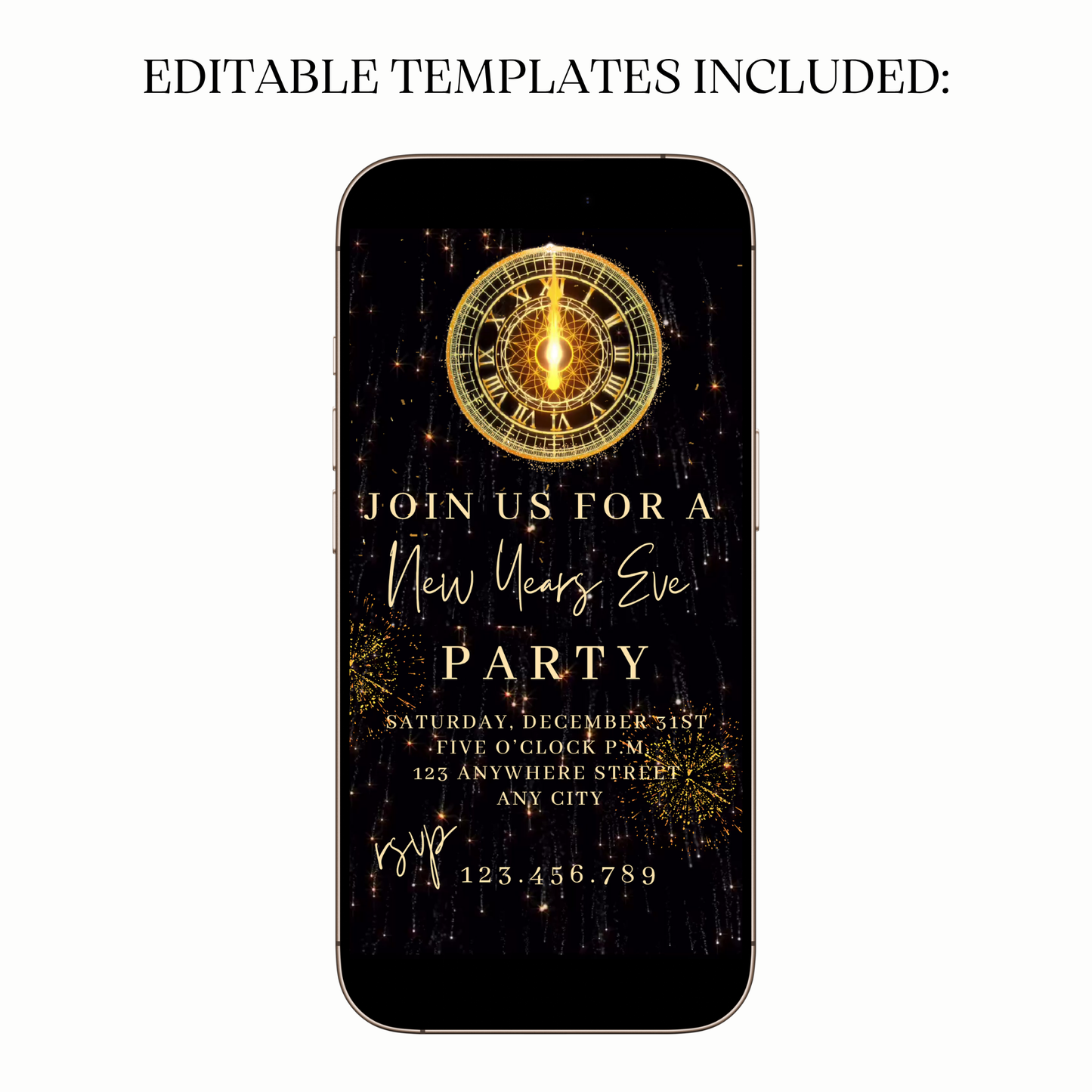 Animated golden firework celebration video party invitation