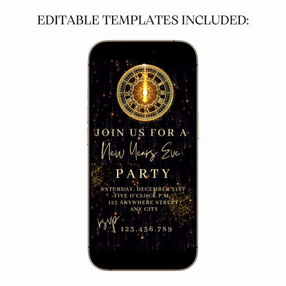 Animated golden firework celebration video party invitation