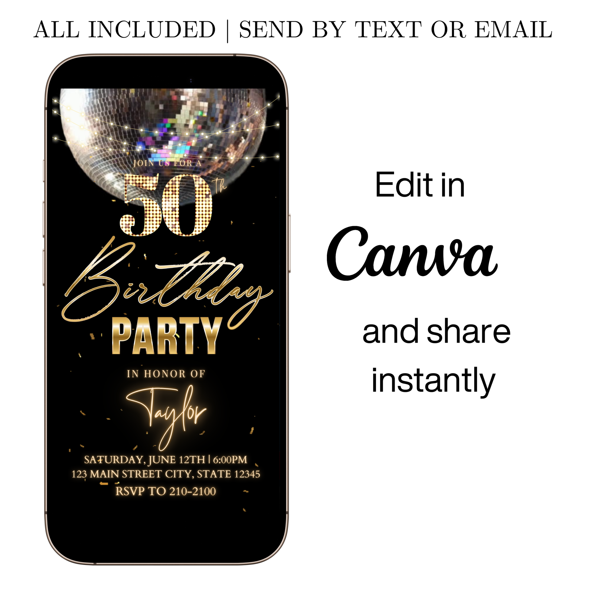 Editable black gold elegant 50th birthday video invitation displayed on a mobile phone, featuring an animated vertical digital invite with music, created in Canva. This premium video invitation template is designed for sharing by text, email, and social media and works with an interactive RSVP website for easy guest response tracking.