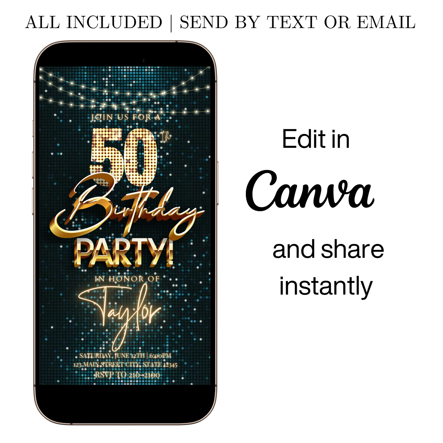 Editable teal gold sequin 50th birthday video invitation displayed on a mobile phone, featuring an animated vertical digital invite with music, created in Canva. This premium video invitation template is designed for sharing by text, email, and social media and works with an interactive RSVP website for easy guest response tracking.