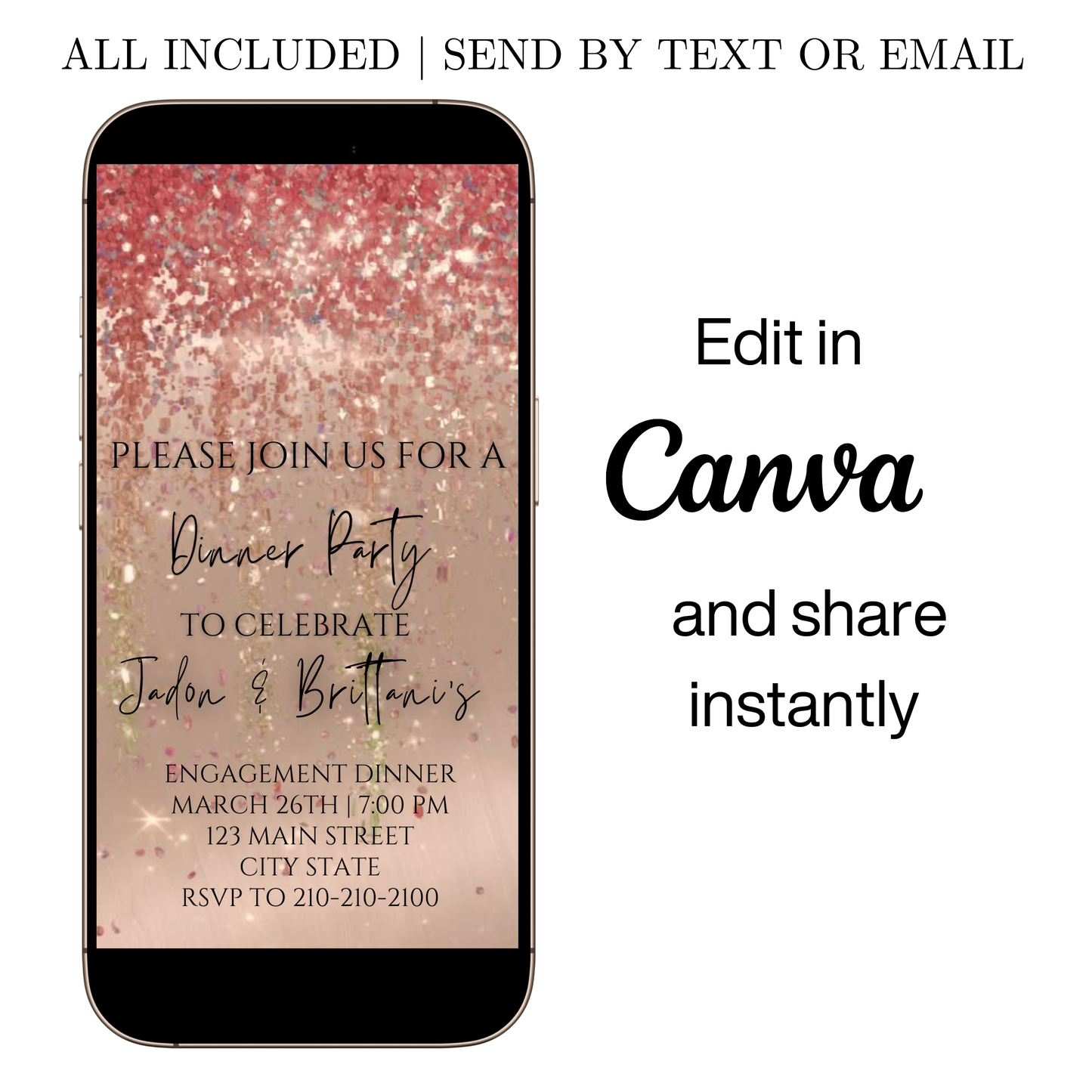 Editable rose gold watercolor glitter engagement dinner video invitation displayed on a mobile phone, featuring an animated vertical digital invite with music, created in Canva. This premium video invitation template is designed for sharing by text, email, and social media and works with an interactive RSVP website for easy guest response tracking.