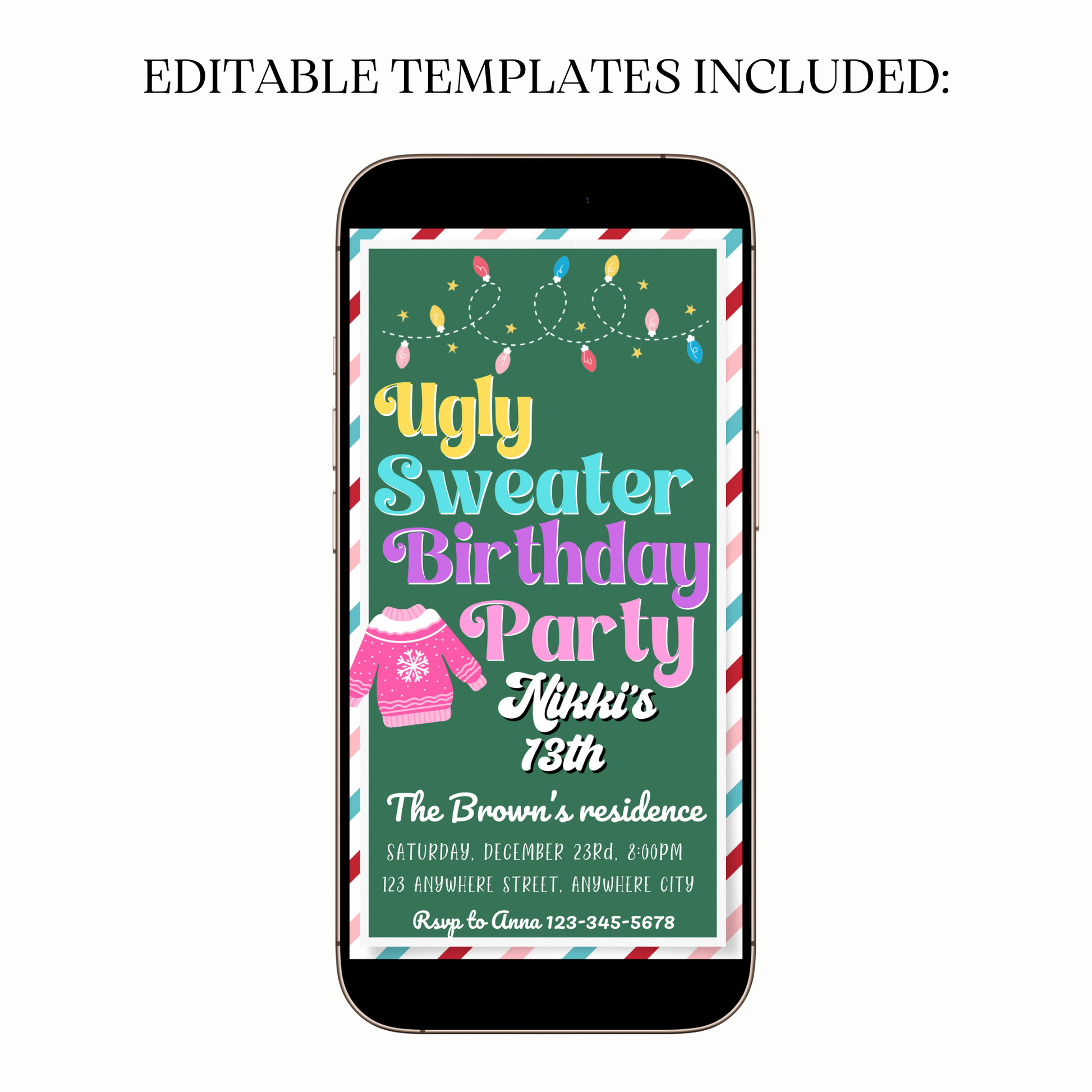 Animated Teen Ugly Sweater video invitation with playful accents