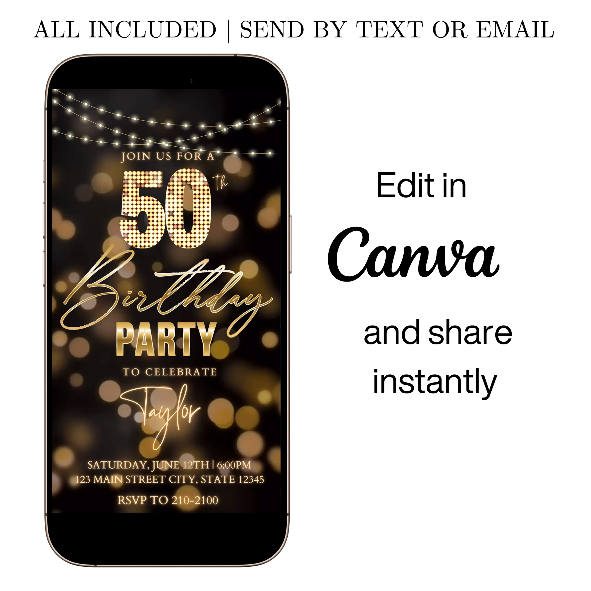 Editable blue gold starry 50th birthday video invitation displayed on a mobile phone, featuring an animated vertical digital invite with music, created in Canva. This premium video invitation template is designed for sharing by text, email, and social media and works with an interactive RSVP website for easy guest response tracking.