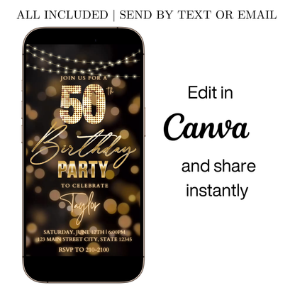 Editable blue gold starry 50th birthday video invitation displayed on a mobile phone, featuring an animated vertical digital invite with music, created in Canva. This premium video invitation template is designed for sharing by text, email, and social media and works with an interactive RSVP website for easy guest response tracking.