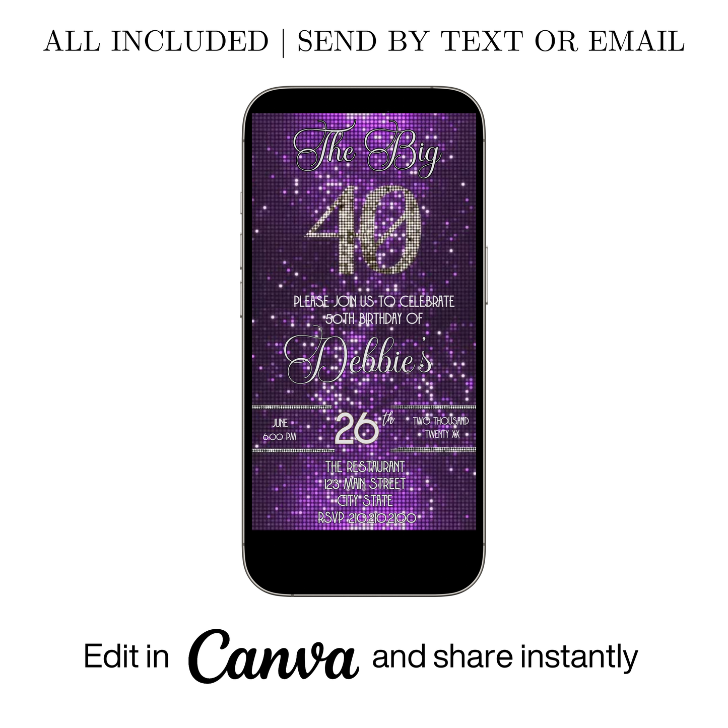 Editable purple glitter 40th birthday video invitation displayed on a mobile phone, featuring an animated vertical digital invite with music, created in Canva. This premium video invitation template is designed for sharing by text, email, and social media and works with an interactive RSVP website for easy guest response tracking.