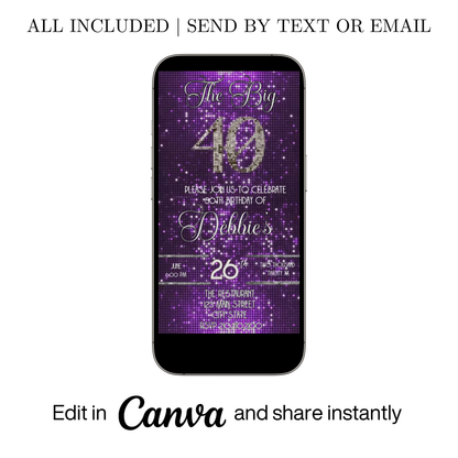 Editable purple glitter 40th birthday video invitation displayed on a mobile phone, featuring an animated vertical digital invite with music, created in Canva. This premium video invitation template is designed for sharing by text, email, and social media and works with an interactive RSVP website for easy guest response tracking.