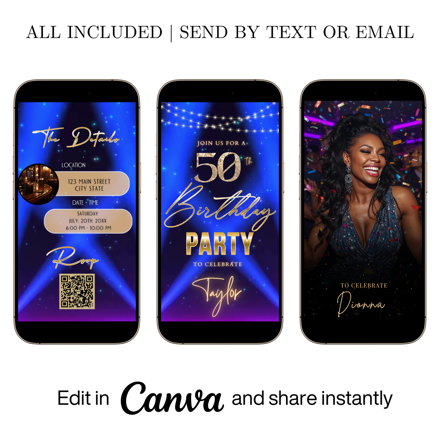 Editable blue spotlight 50th birthday video invitation displayed on a mobile phone, featuring an animated vertical digital invite with music, created in Canva. This premium video invitation template is designed for sharing by text, email, and social media and works with an interactive RSVP website for easy guest response tracking.