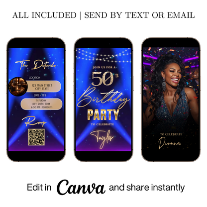 Editable blue spotlight 50th birthday video invitation displayed on a mobile phone, featuring an animated vertical digital invite with music, created in Canva. This premium video invitation template is designed for sharing by text, email, and social media and works with an interactive RSVP website for easy guest response tracking.