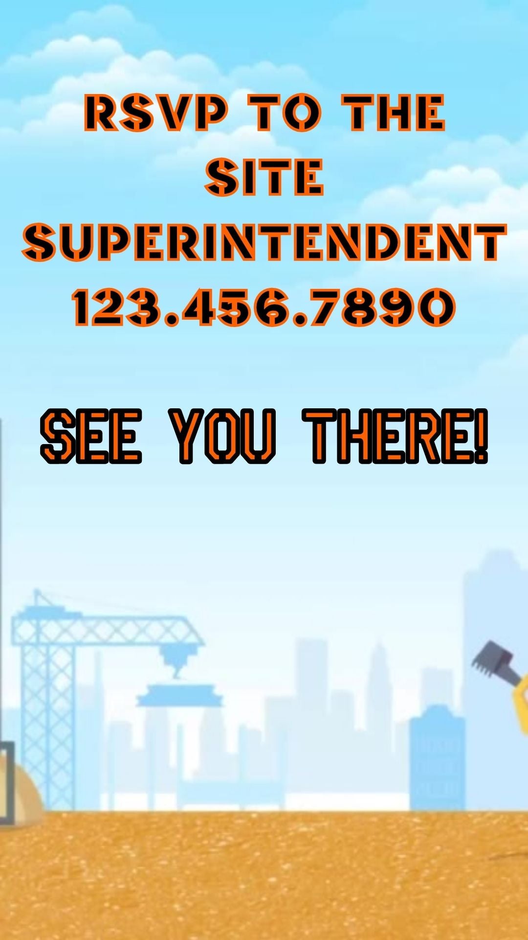Editable construction theme 4th birthday video invitation displayed on a mobile phone, featuring an animated vertical digital invite with music, created in Canva. This premium video invitation template is designed for sharing by text, email, and social media and works with an interactive RSVP website for easy guest response tracking.
