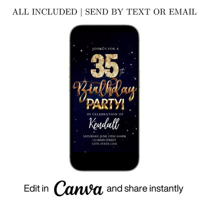 Editable blue gold starry 35th birthday video invitation displayed on a mobile phone, featuring an animated vertical digital invite with music, created in Canva. This premium video invitation template is designed for sharing by text, email, and social media and works with an interactive RSVP website for easy guest response tracking.