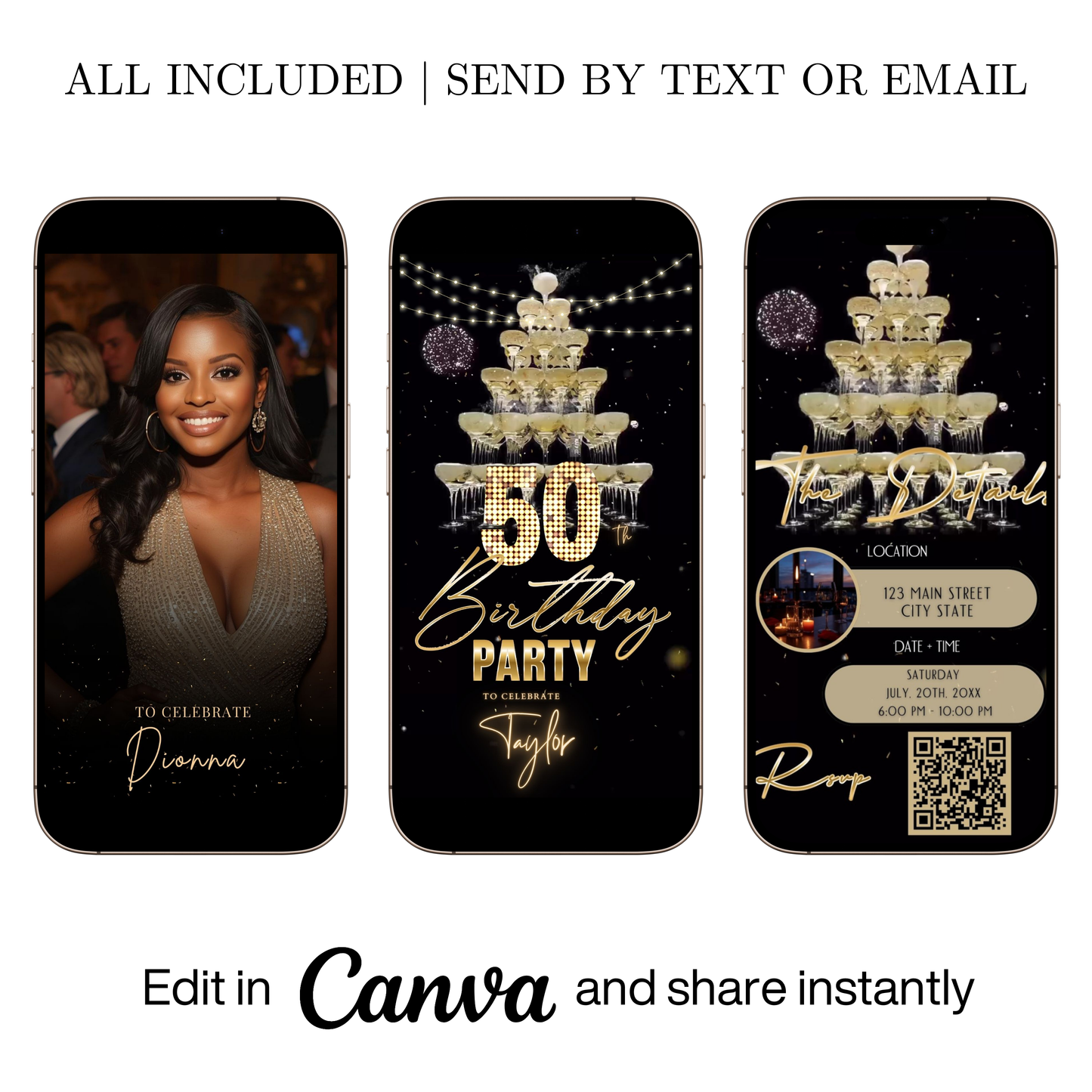 Editable champagne tower gold 50th birthday video invitation displayed on a mobile phone, featuring an animated vertical digital invite with music, created in Canva. This premium video invitation template is designed for sharing by text, email, and social media and works with an interactive RSVP website for easy guest response tracking.