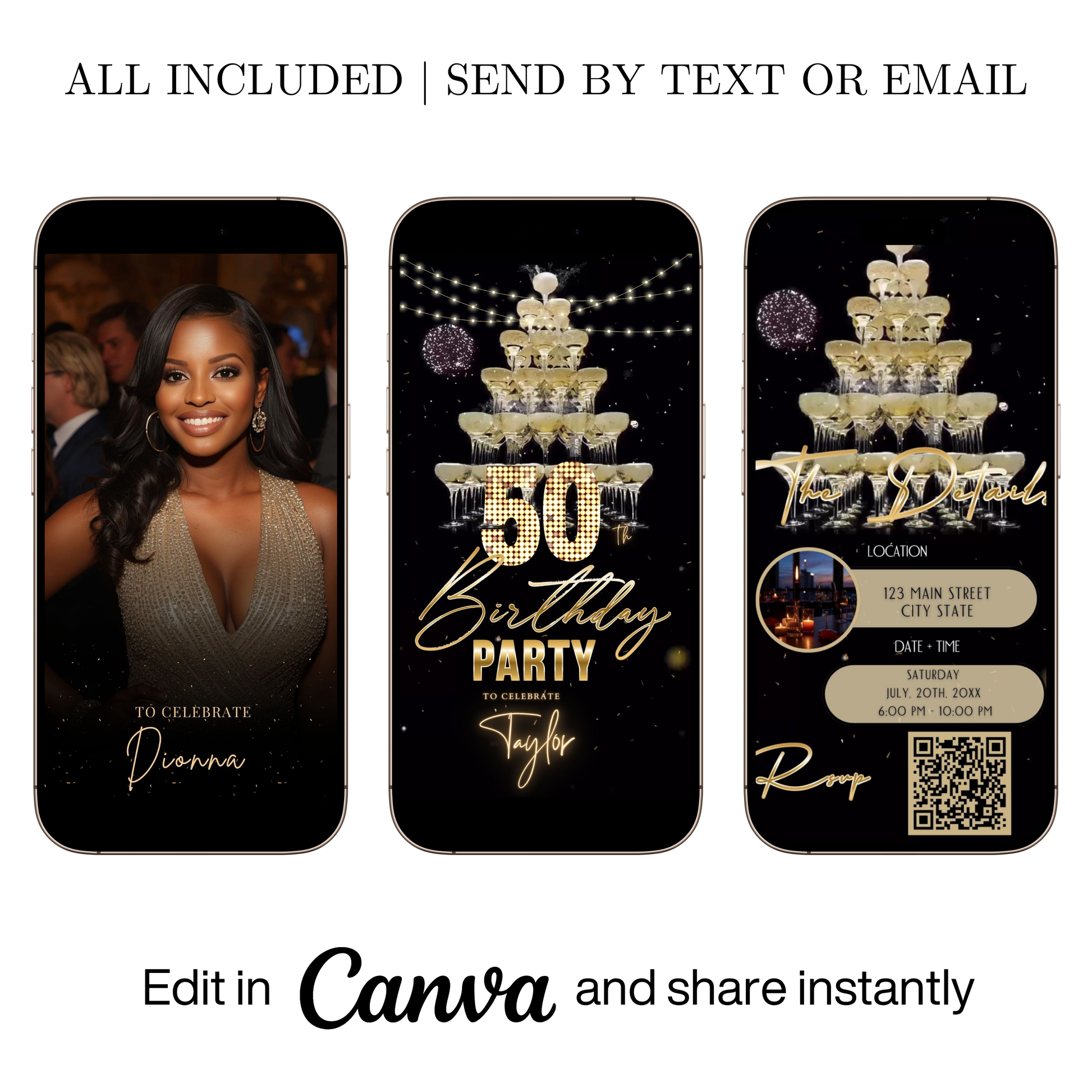 Editable champagne tower gold 50th birthday video invitation displayed on a mobile phone, featuring an animated vertical digital invite with music, created in Canva. This premium video invitation template is designed for sharing by text, email, and social media and works with an interactive RSVP website for easy guest response tracking.