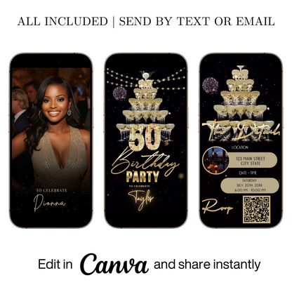Editable champagne tower gold 50th birthday video invitation displayed on a mobile phone, featuring an animated vertical digital invite with music, created in Canva. This premium video invitation template is designed for sharing by text, email, and social media and works with an interactive RSVP website for easy guest response tracking.