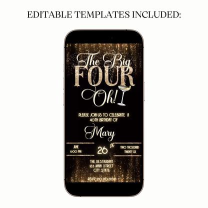 Elegant Gold The Big Four-Oh 40th Birthday Video Invitation Template for Mobile Sharing
