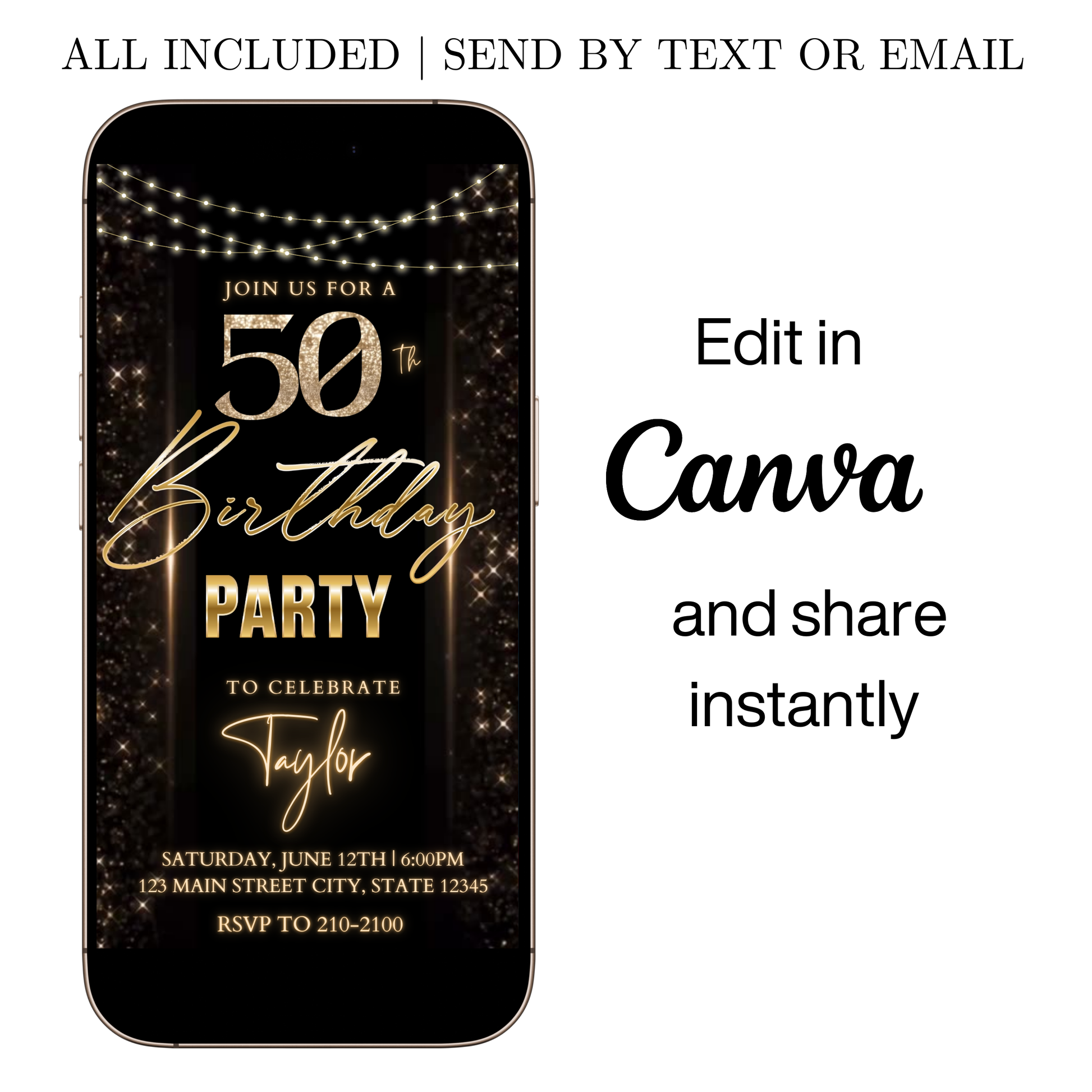 Editable blue gold modern 50th birthday video invitation displayed on a mobile phone, featuring an animated vertical digital invite with music, created in Canva. This premium video invitation template is designed for sharing by text, email, and social media and works with an interactive RSVP website for easy guest response tracking.