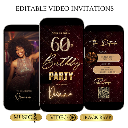 Editable maroon gold elegant 60th birthday birthday video invitation displayed on a mobile phone, featuring an animated vertical digital invite with music, created in Canva. This premium video invitation template is designed for sharing by text, email, and social media and works with an interactive RSVP website for easy guest response tracking.